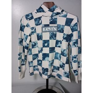 LEVI'S San Francisco CA: White/Blue Hoodie with Logo Pattern/Pouch Pocket-Kids M